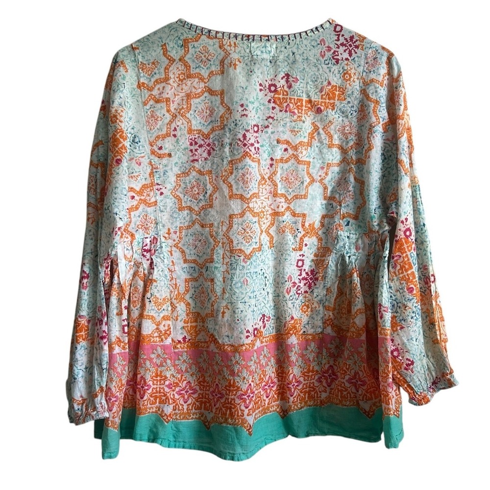 Sigrid Olsen Womens Boho‎ Coastal Peasant Top M Orange Geometric Cottage Artsy - Picture 2 of 8